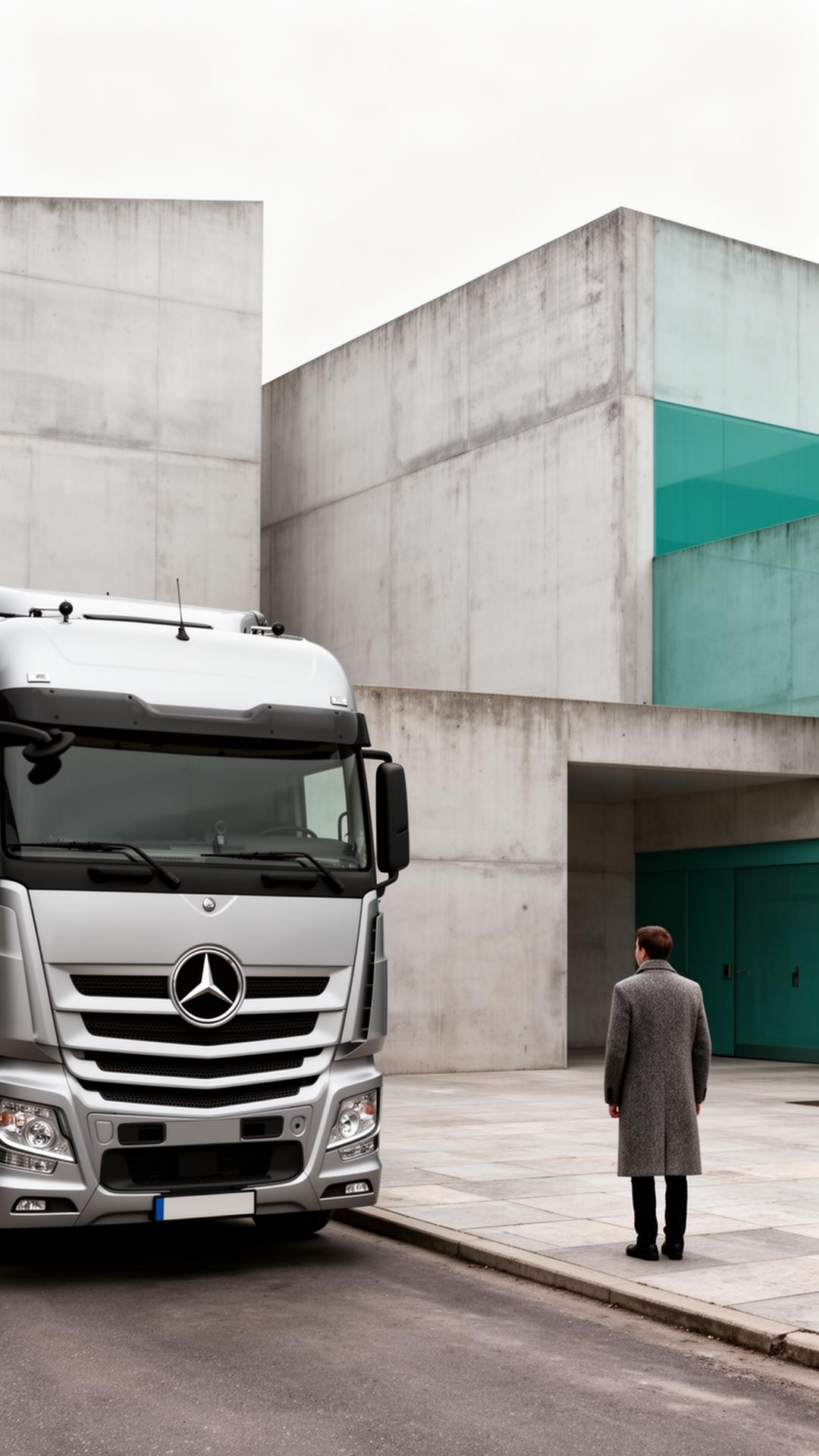 Concrete European warehouse with silver truck