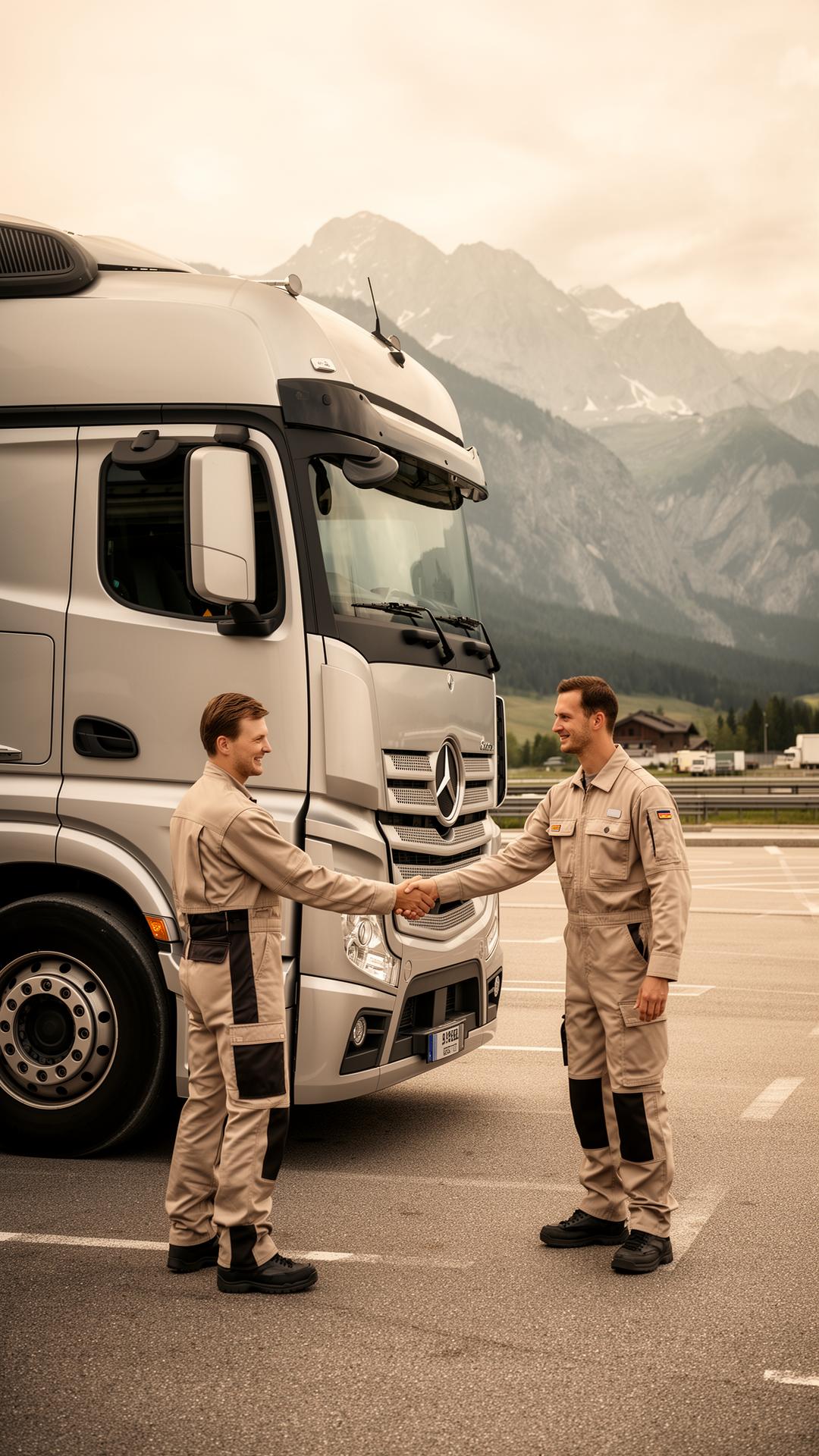Two drivers handshake near silver truck in the Alps